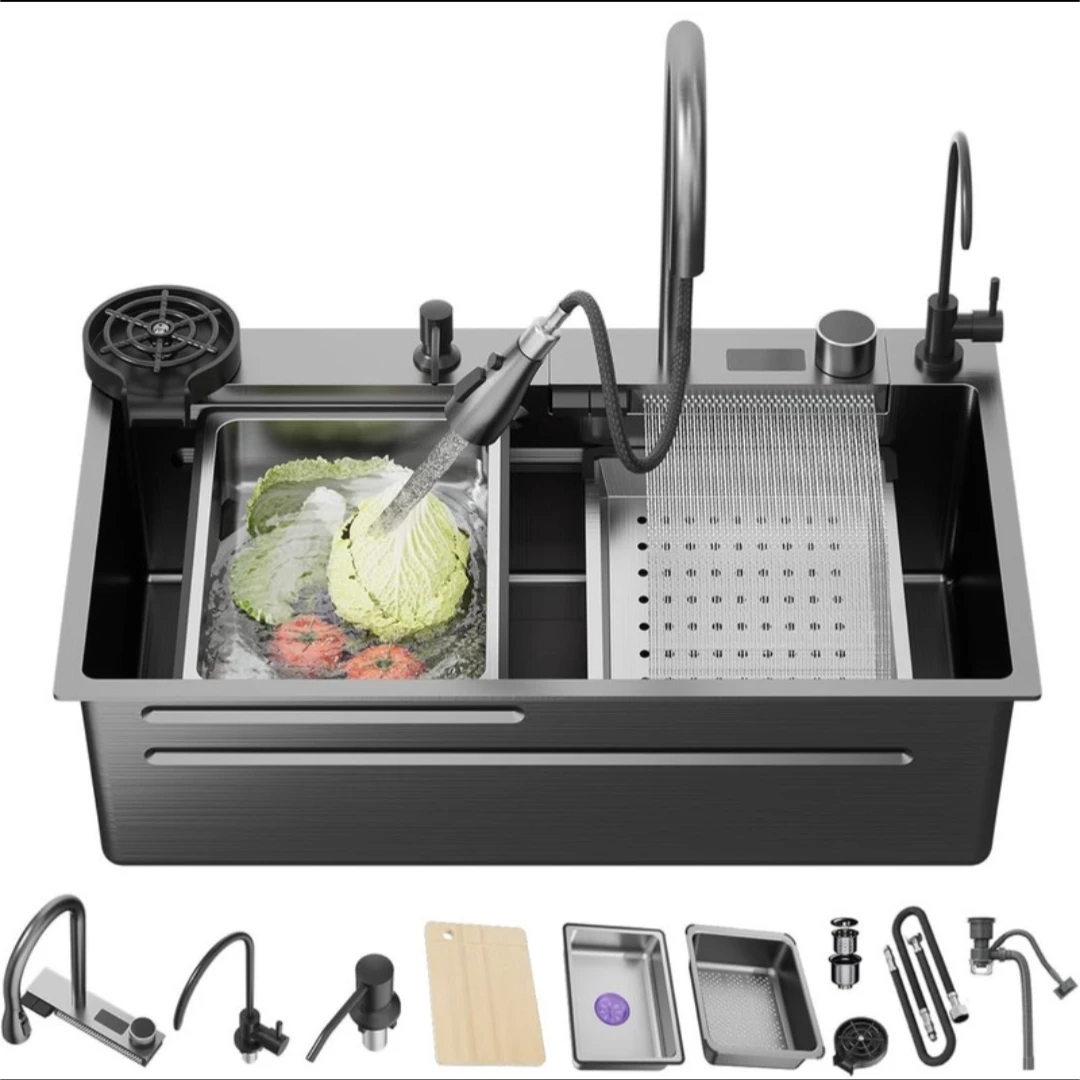 Nano Kitchen Sink and Waterfall Faucet, 29.5x18x9 Stainless Stee