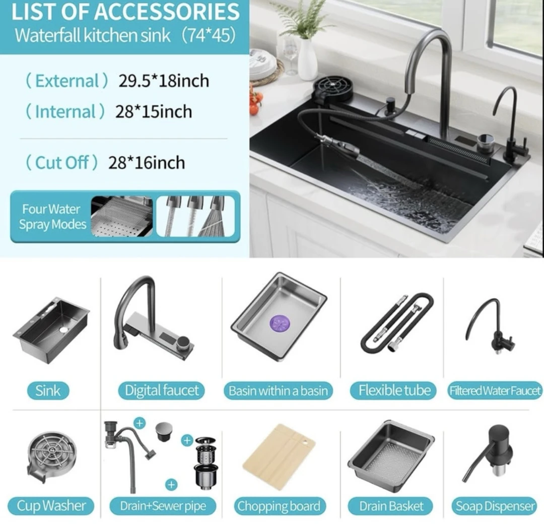 Nano Kitchen Sink and Waterfall Faucet, 29.5x18x9 Stainless Stee - photo 2