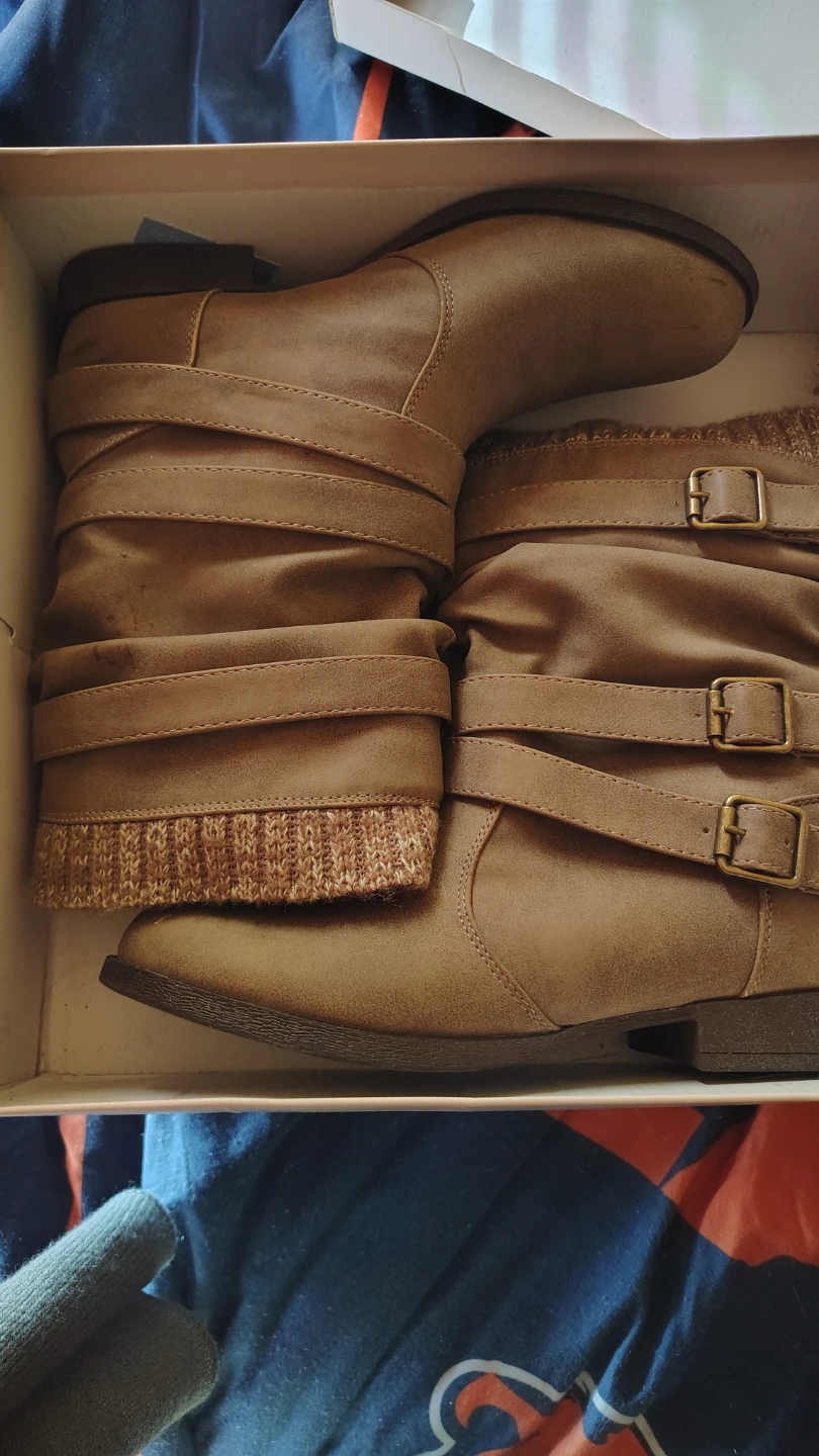 Women's Taupe Slouch Boots with Buckle Detail