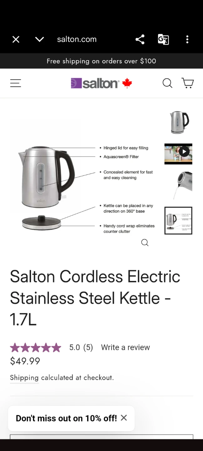 Salton Cordless Electric Stainless Steel Kettle - 1.7L