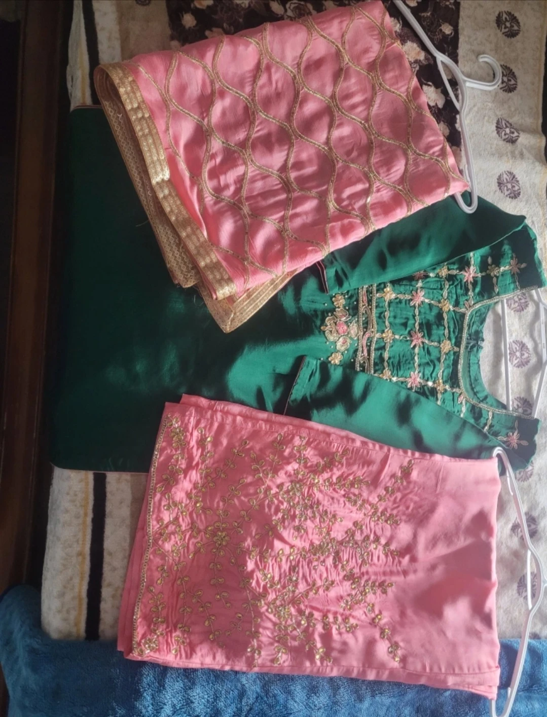 Embroidered Green and Pink Kurti Set