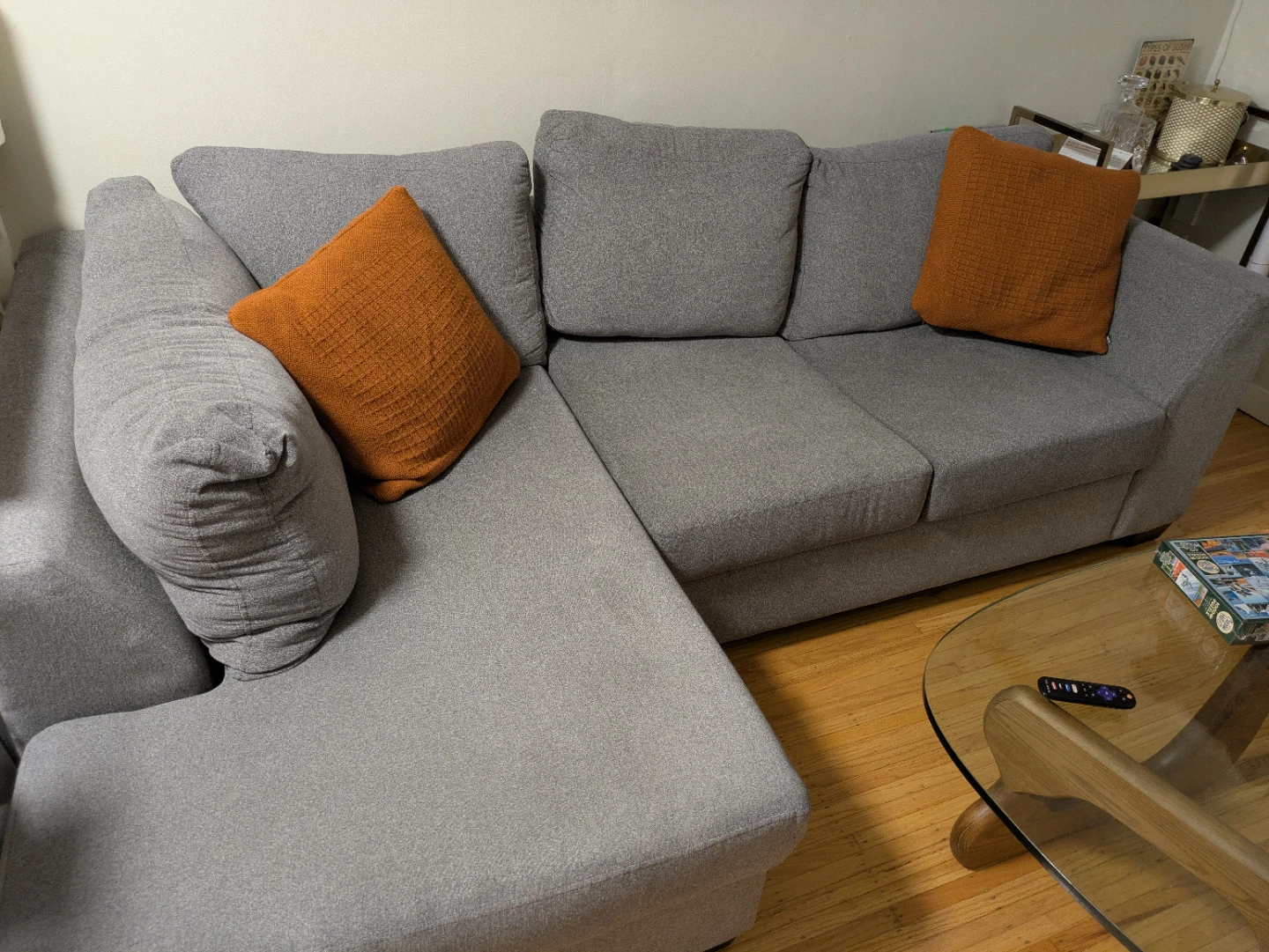Grey Sectional Sofa with Orange Accent Pillows - photo 2