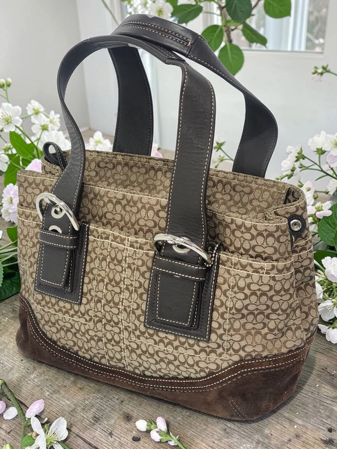 Coach  C Monogram Tote Bag jacquar brown leather