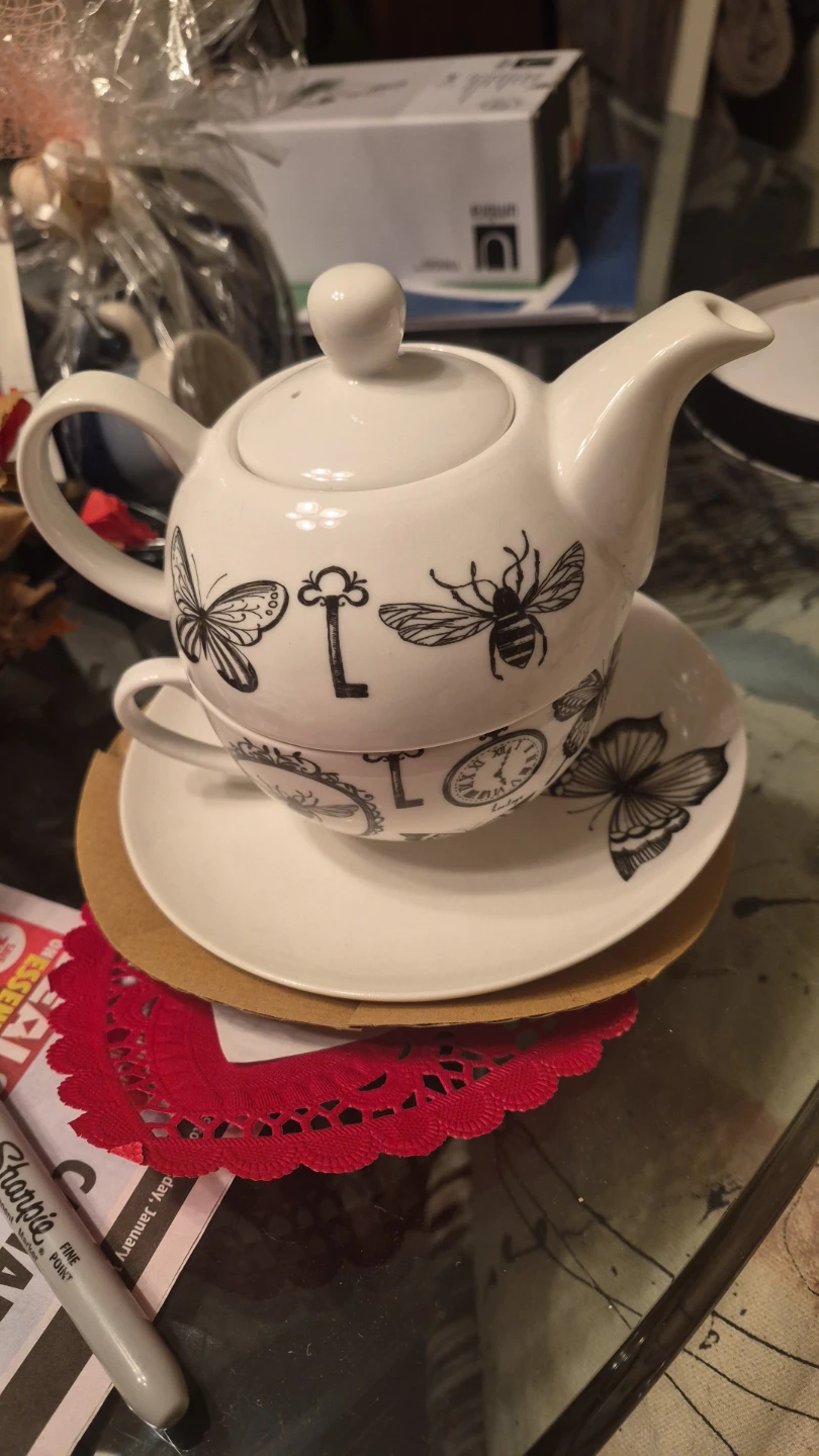 White Teapot with Butterfly and Bee Design