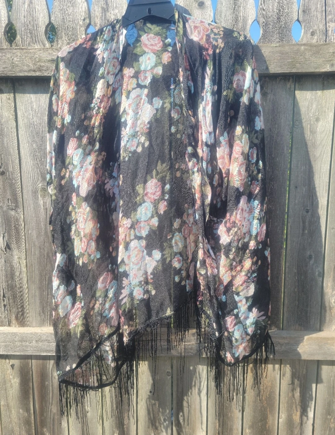 Black Floral Kimono with Fringe