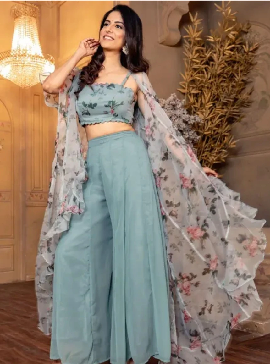 Floral Print Crop Top and Palazzo Pants with Sheer Cape