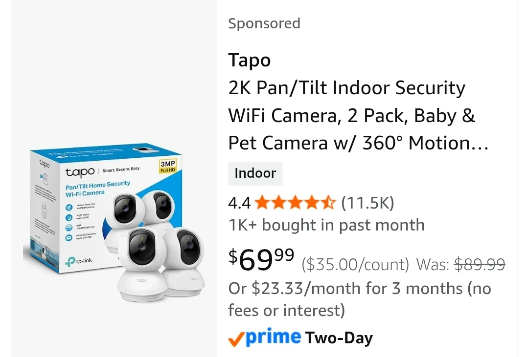 Tapo 2K Pan/Tilt Home Security Wi-Fi Camera (2 Pack)🏆 - photo 2