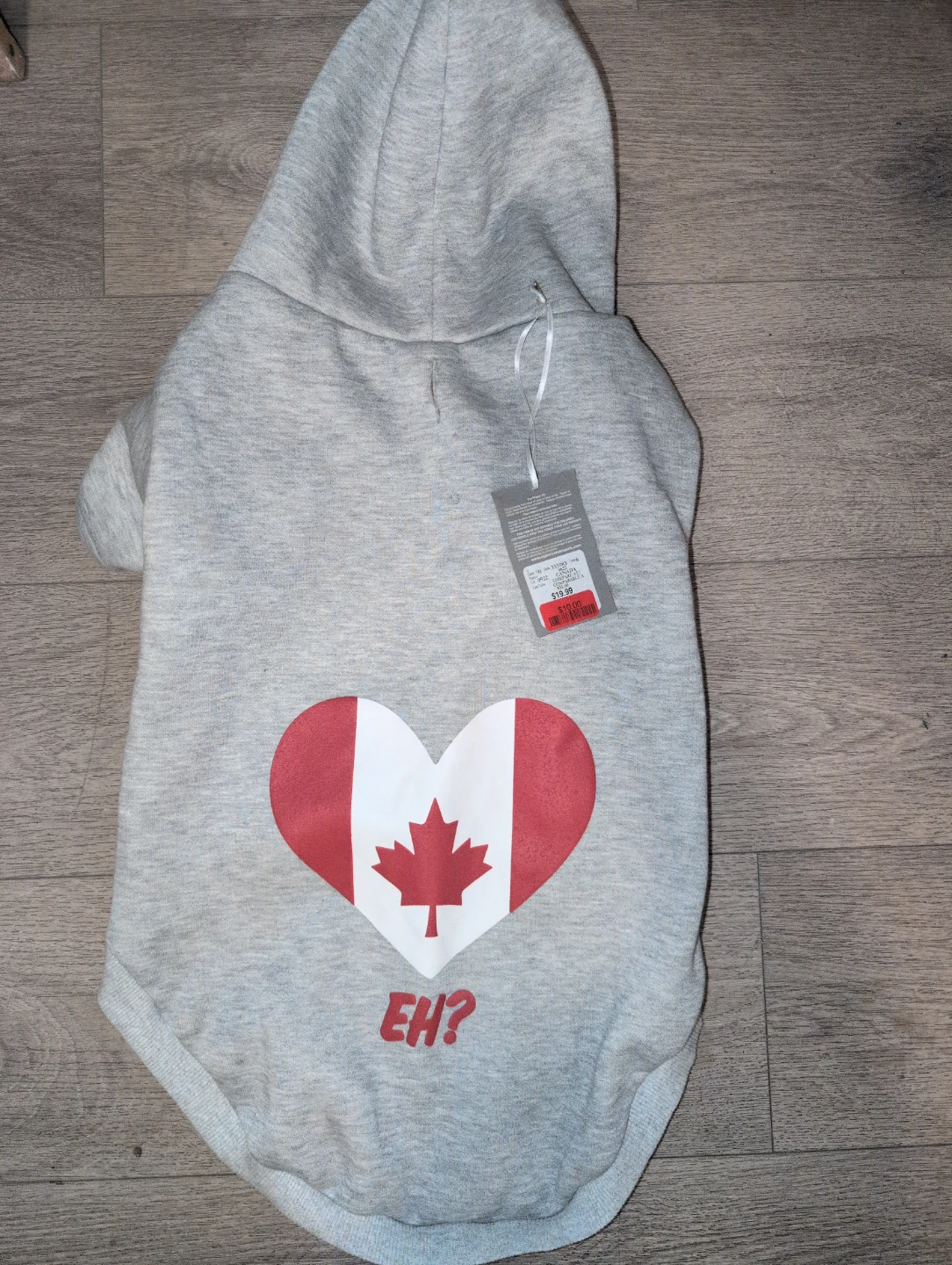 Grey Dog Hoodie with Canadian Flag Heart & "EH?"