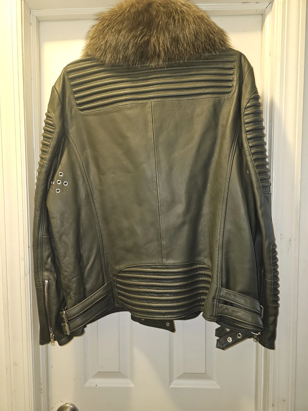 Men's Green Leather Biker Jacket with Fur Collar - photo 2