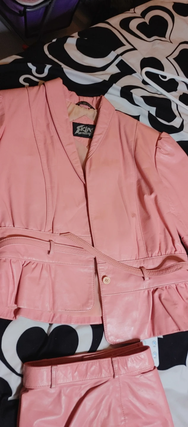 Pink Leather Jacket and Pants Set by Woolskins - Size 10