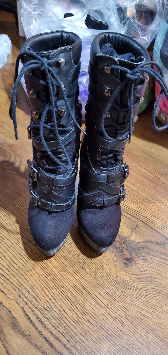 Black Lace-Up Buckle Platform Boots