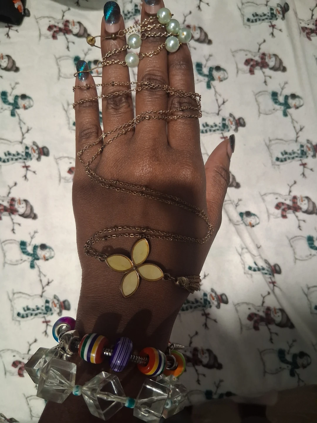 Hand Chain Bracelet with Pearl and Charm Details
