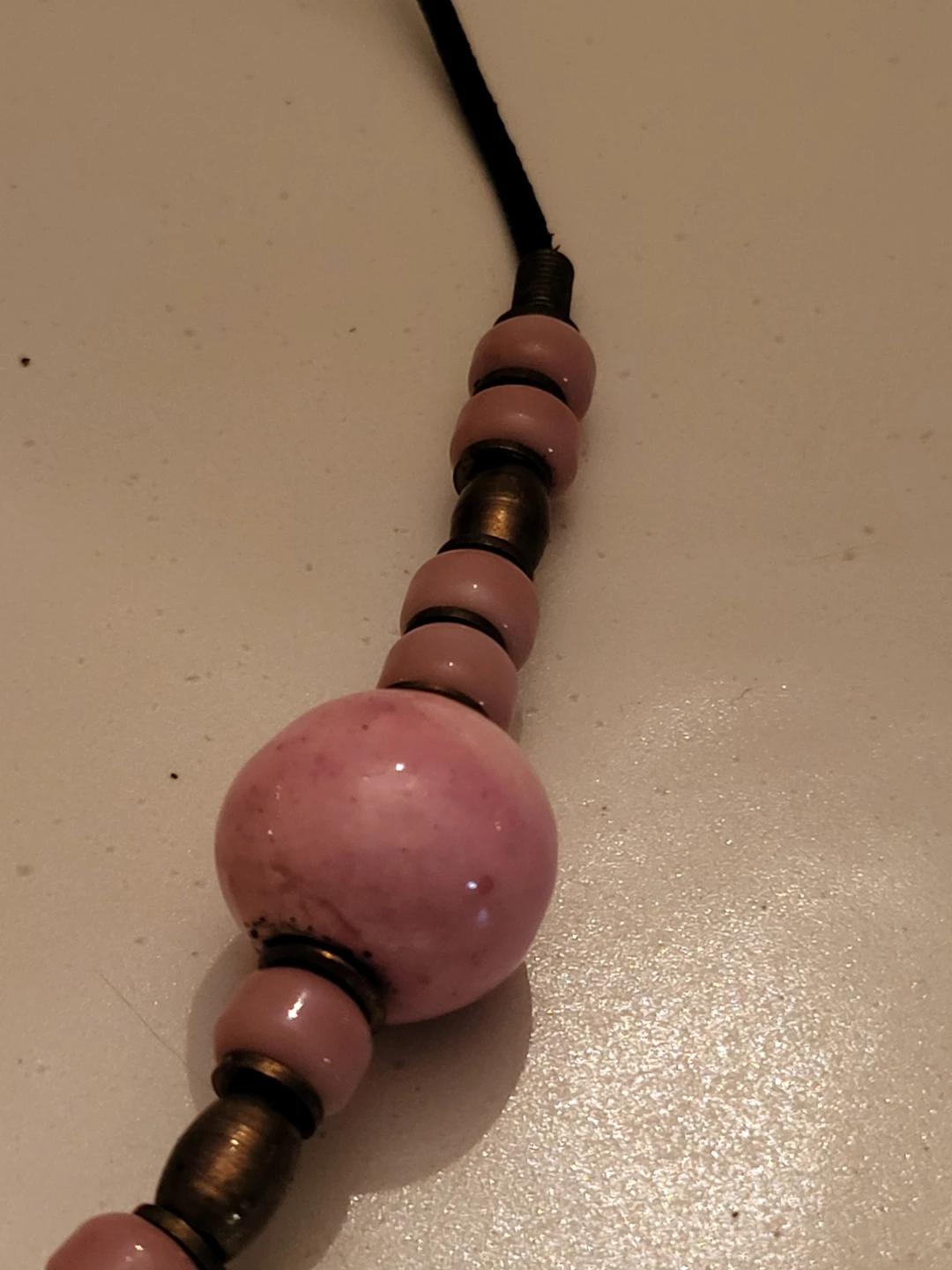 Pink Stone Beaded Necklace with Brass Accents - photo 3