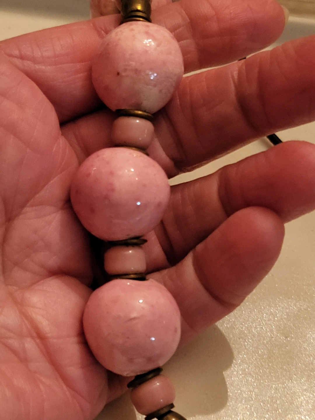 Pink Stone Beaded Necklace with Brass Accents - photo 5