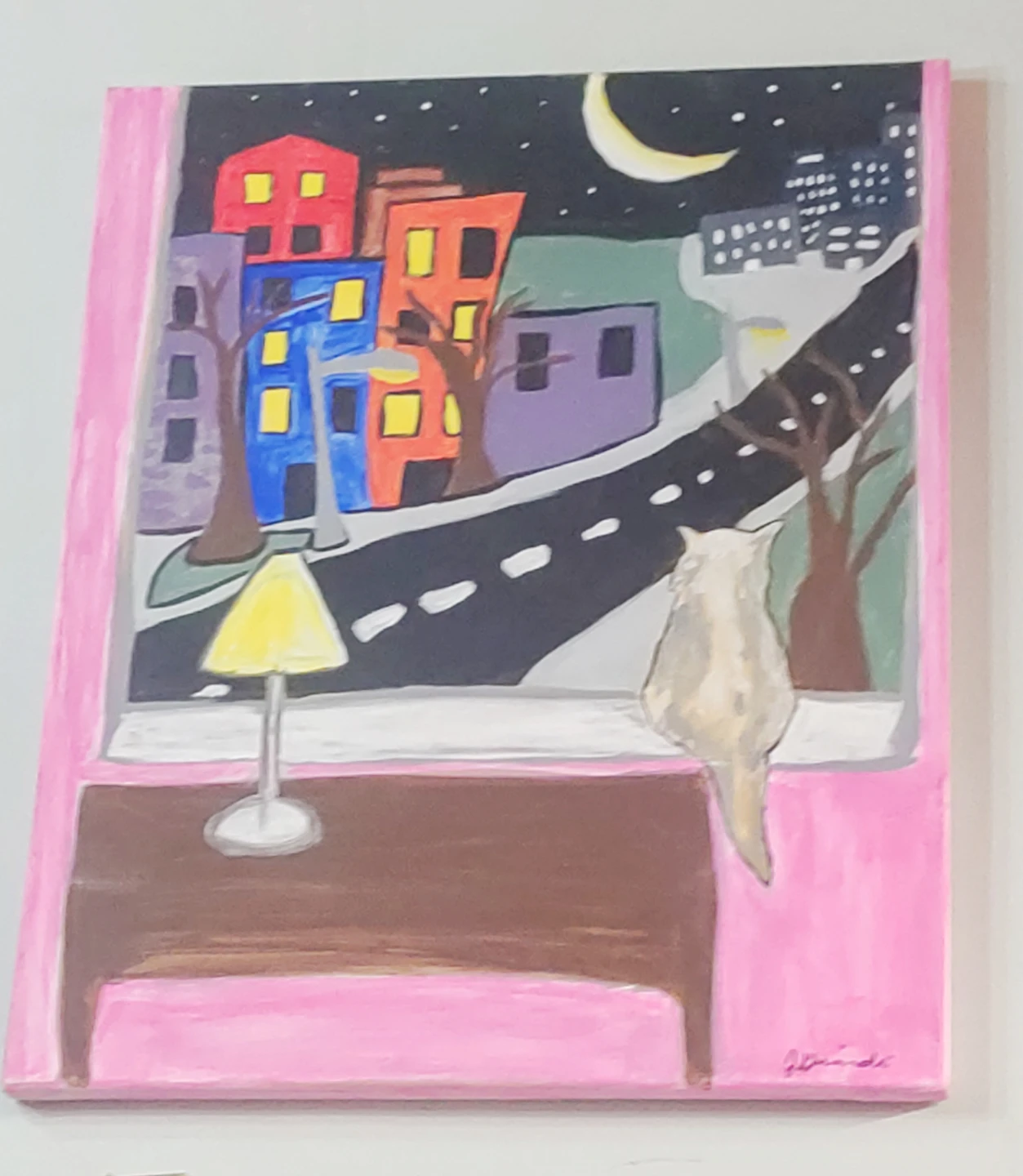 Original Painting: Cat Looking Out Window at Night