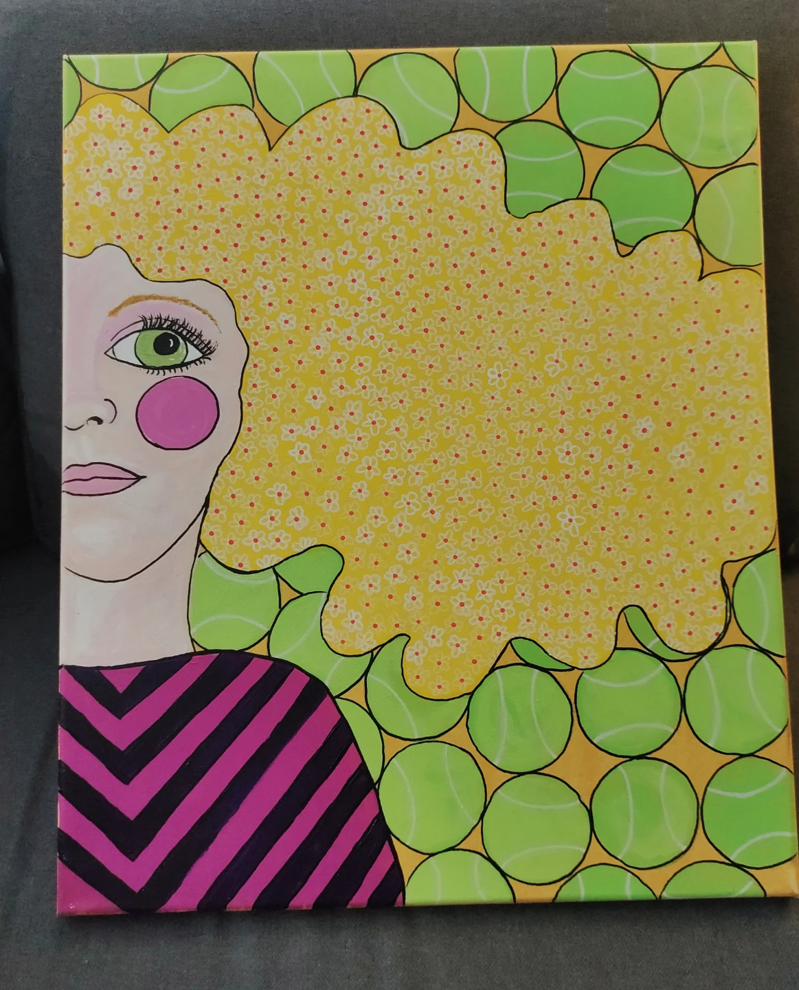 Vibrant Abstract Portrait Painting with Tennis Ball Motif