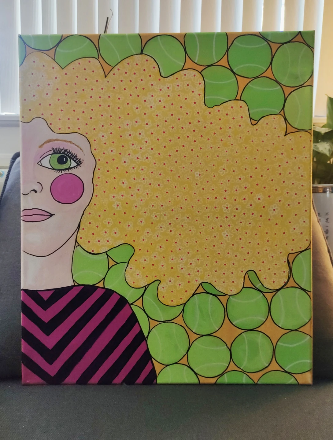 Vibrant Abstract Portrait Painting with Tennis Ball Motif - photo 2