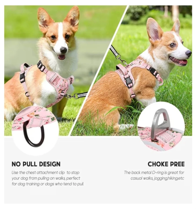 NEW!   Dog Harness Set - Pink Floral Print, Medium - photo 3