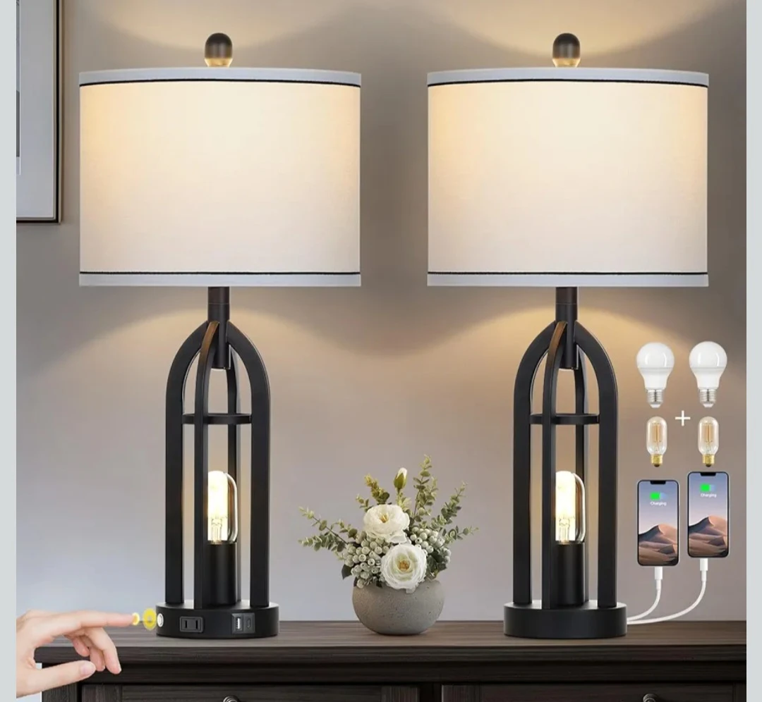 Set of 2 Tall Farmhouse Table Lamps with USB Charging Ports