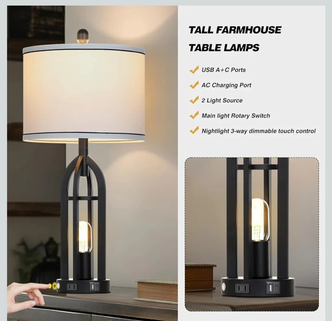 Set of 2 Tall Farmhouse Table Lamps with USB Charging Ports - photo 2