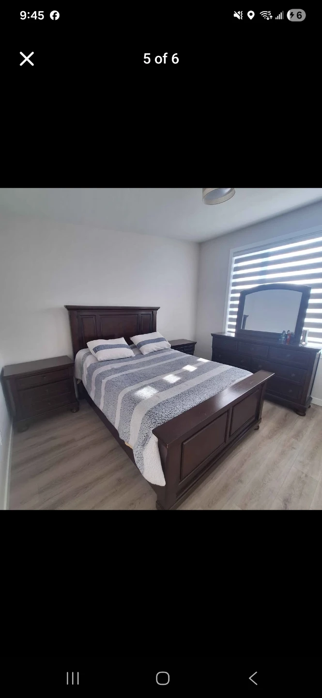 Dark Wood Bedroom Set - Queen Size Bed, Dresser, and Nightstands