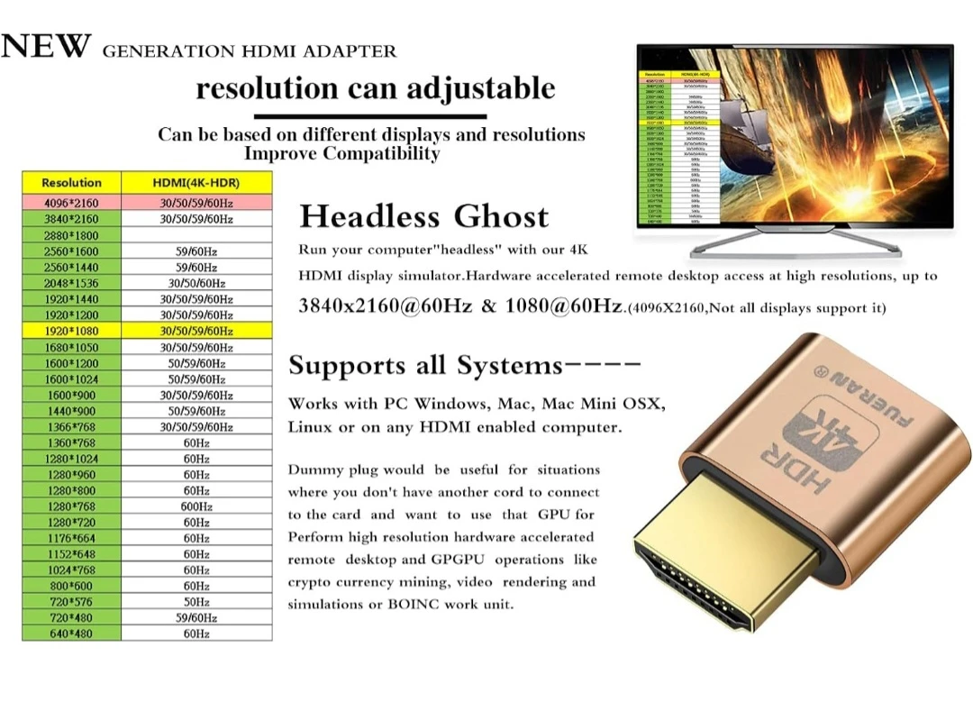 4K HDR HDMI Dummy Plug, Virtual Monitor EDID Emulator, ... - photo 2