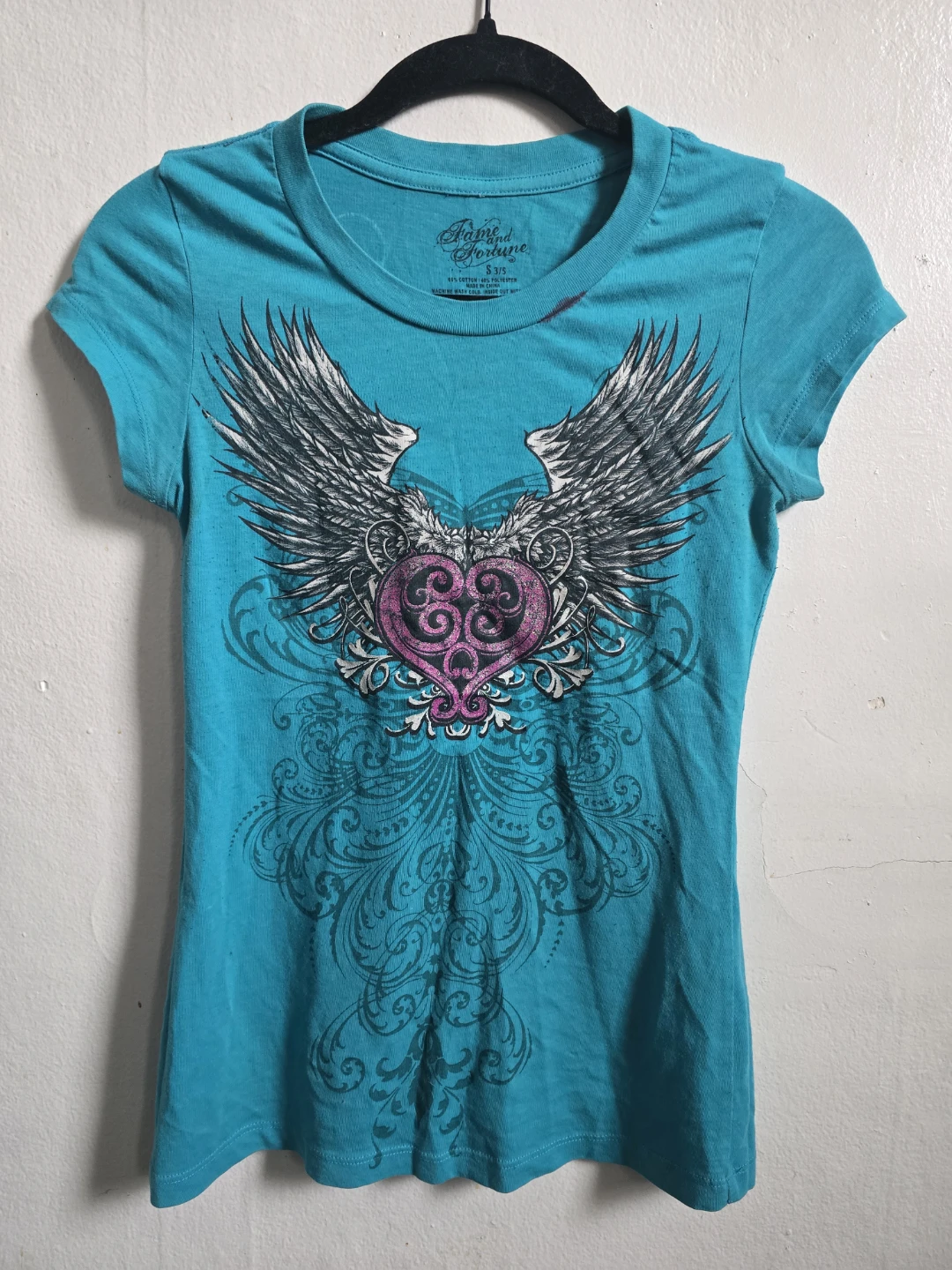Fame & Fortune Teal Winged Heart T-Shirt Size S - photo 5