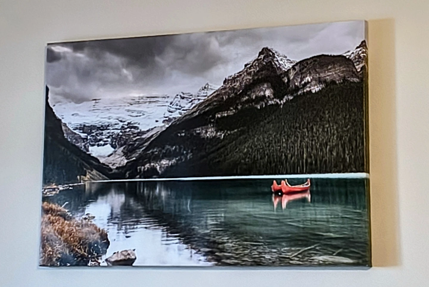 🥕 Canvas Wall Art - Mountain Lake with Red Canoe