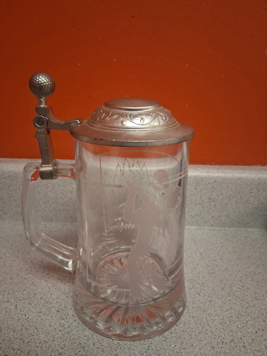 Vintage Glass Beer Stein with Pewter Lid