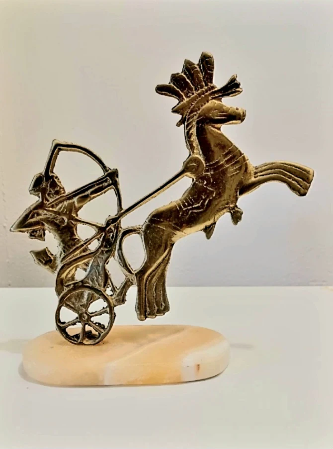 Brass Handmade Pharaoh Archer Chariot Horse Marble Base Statue