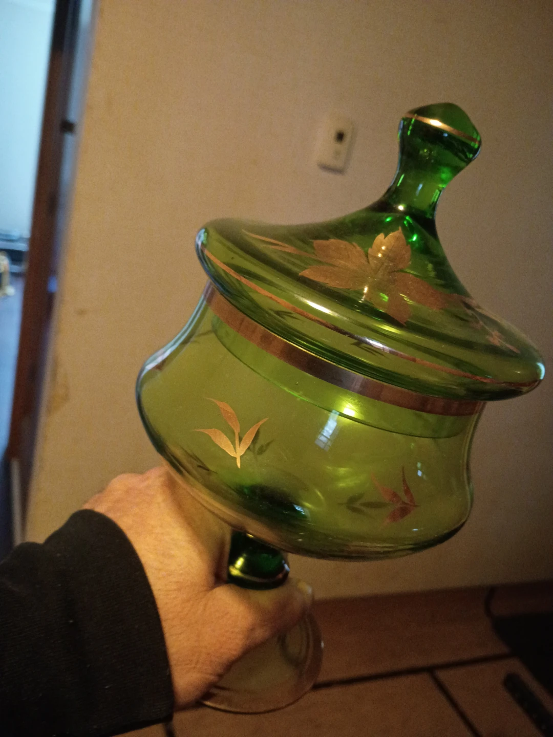 Green Glass Candy Dish with Lid