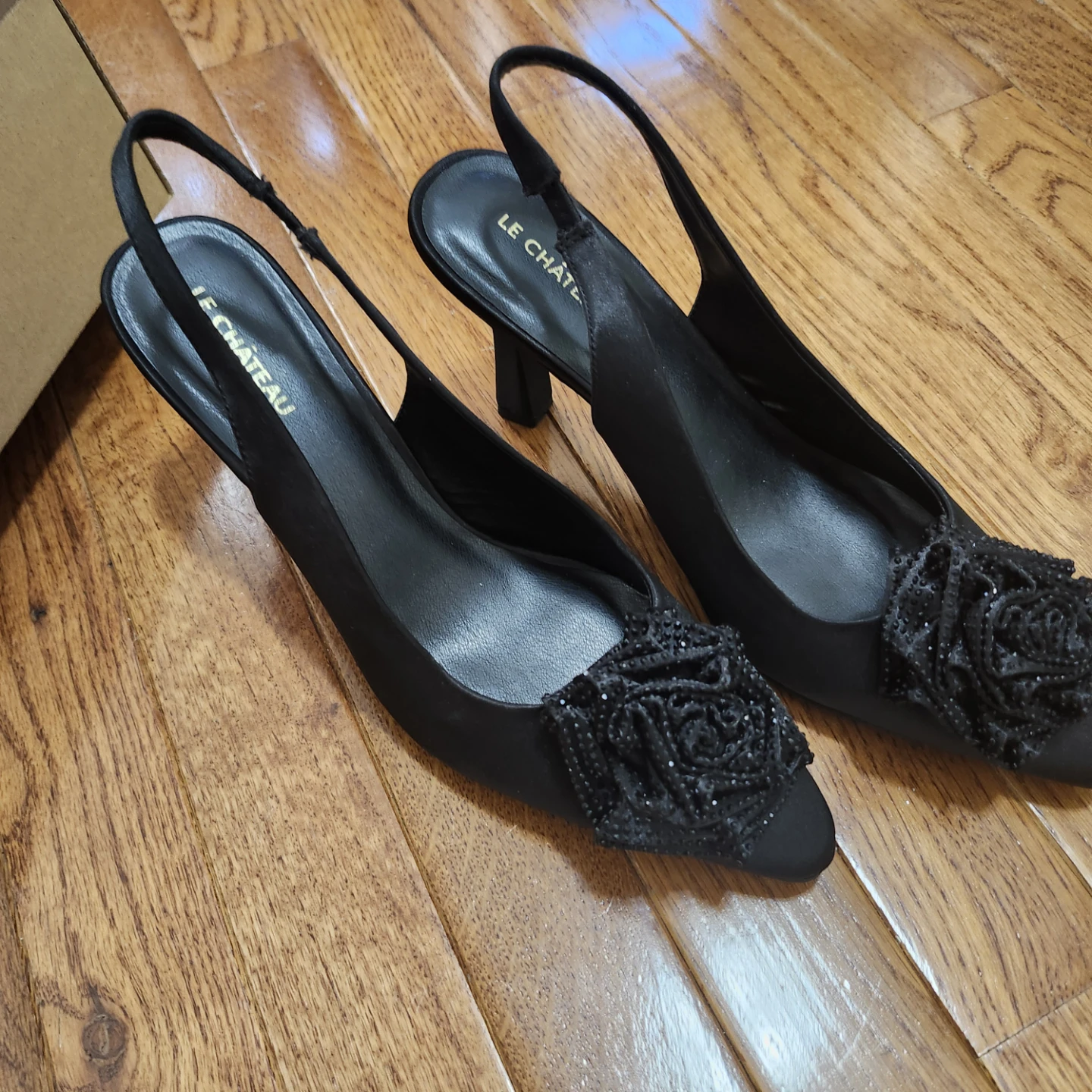 Le Château Black Embellished Slingback Heels