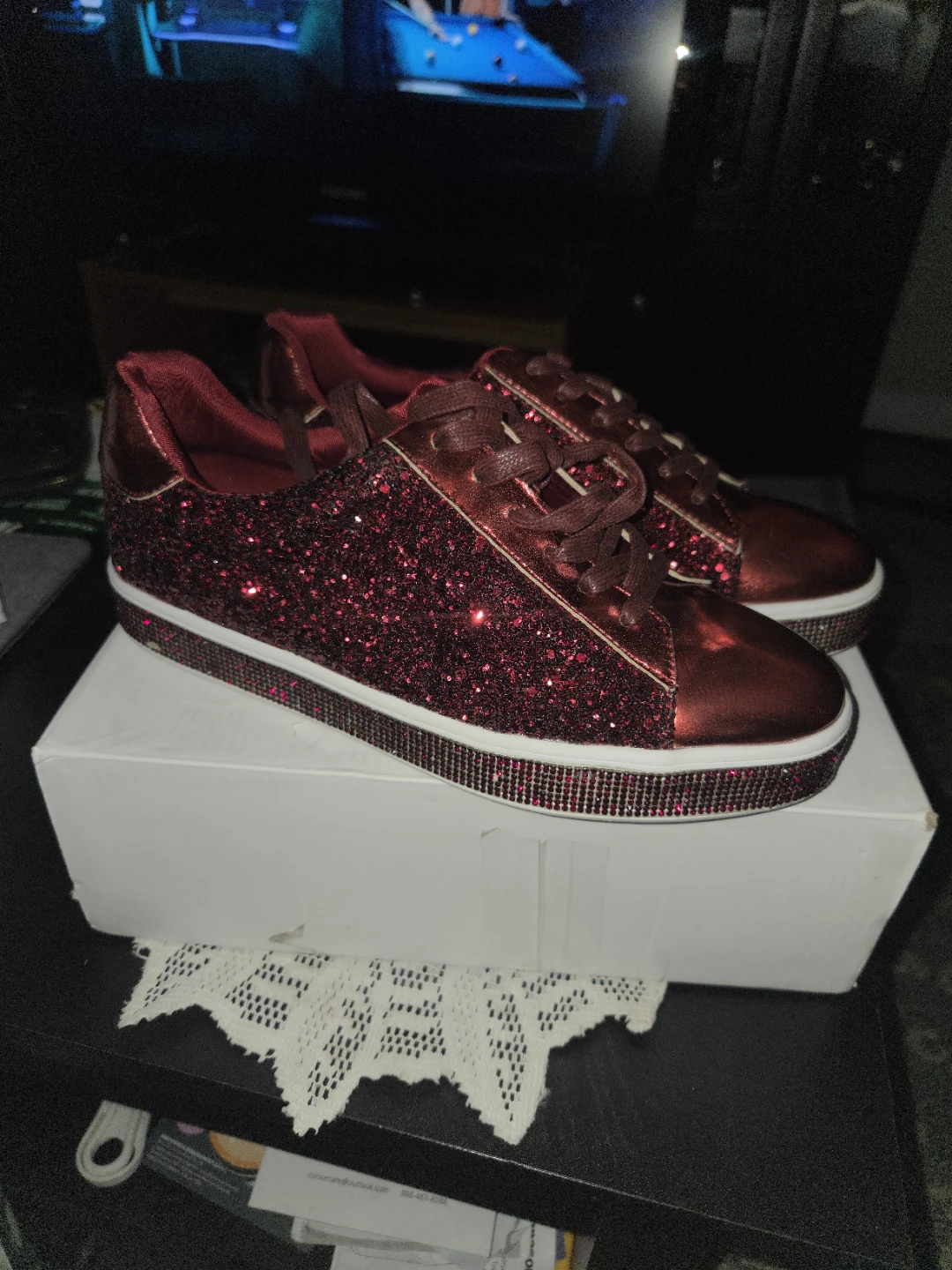 Fever Sole Red Glitter Sneakers with Rhinestone Trim