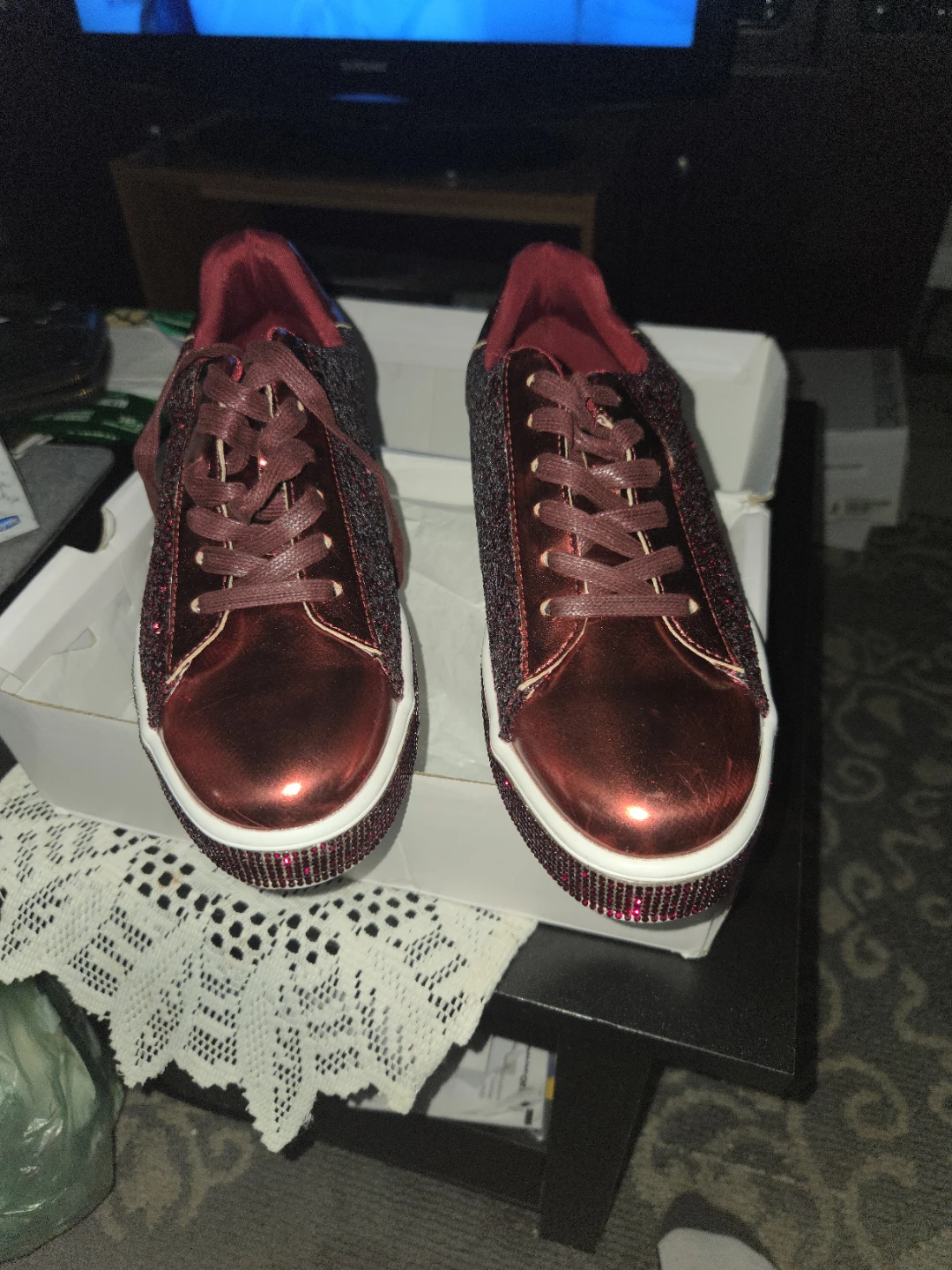 Fever Sole Red Glitter Sneakers with Rhinestone Trim - photo 2