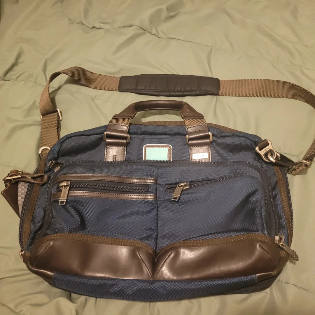 Tumi Blue/Brown Nylon and Leather Slim Briefcase