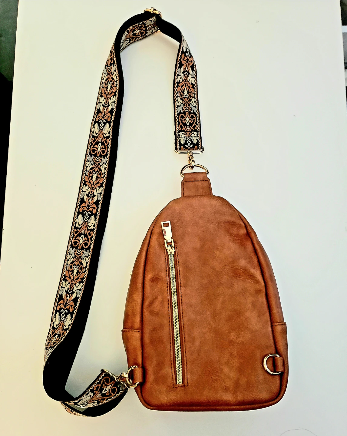 Brown Faux Leather Crossbody Bagwith Embroidered Strap - photo 2