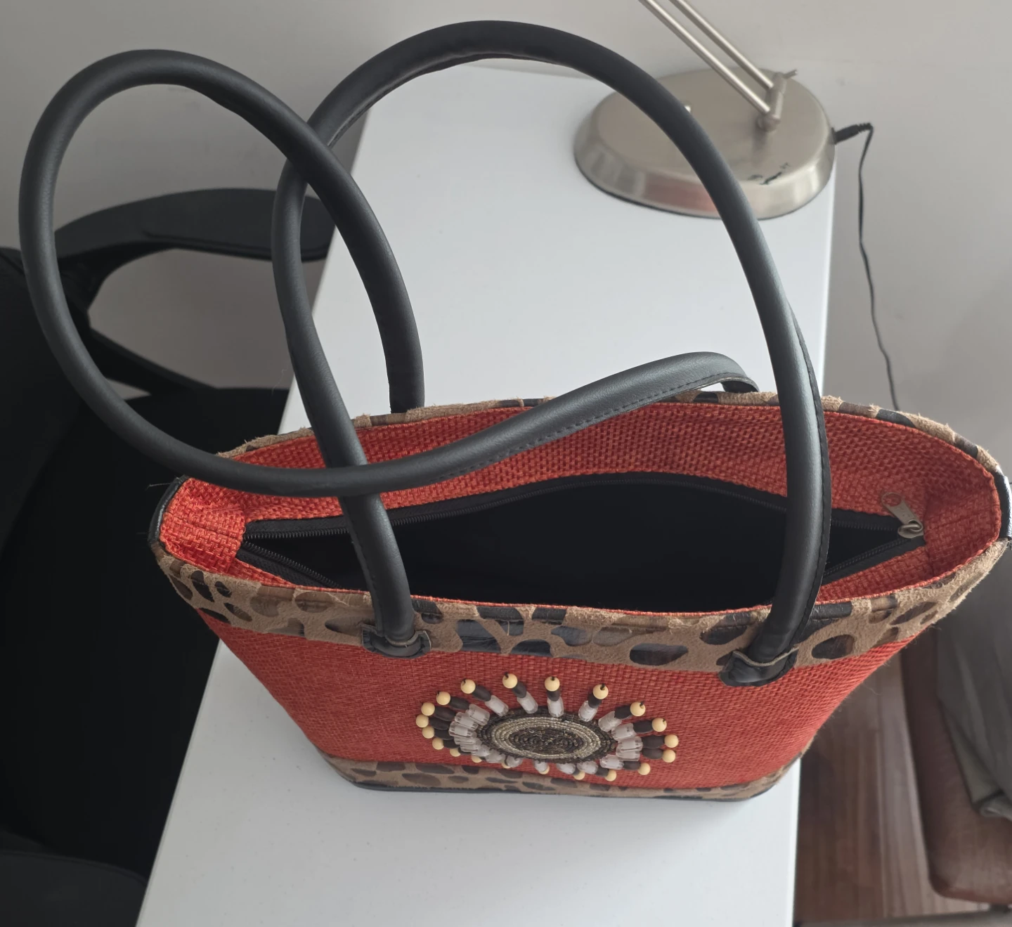 Handmade Kenyan Jute Bag with Leopard Print Trim - photo 2