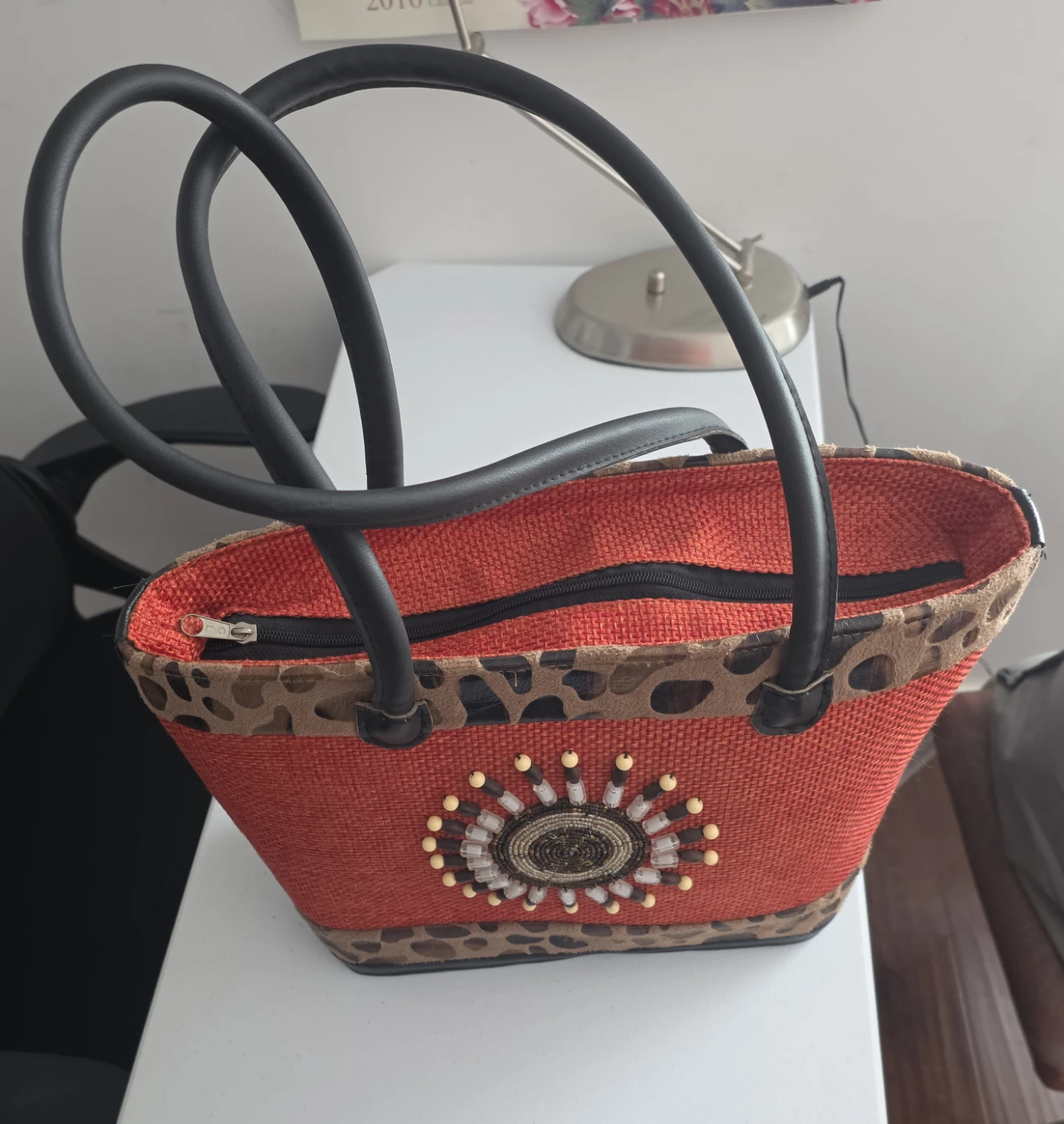 Handmade Kenyan Jute Bag with Leopard Print Trim - photo 3