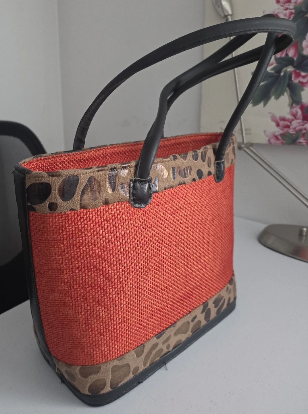Handmade Kenyan Jute Bag with Leopard Print Trim - photo 4