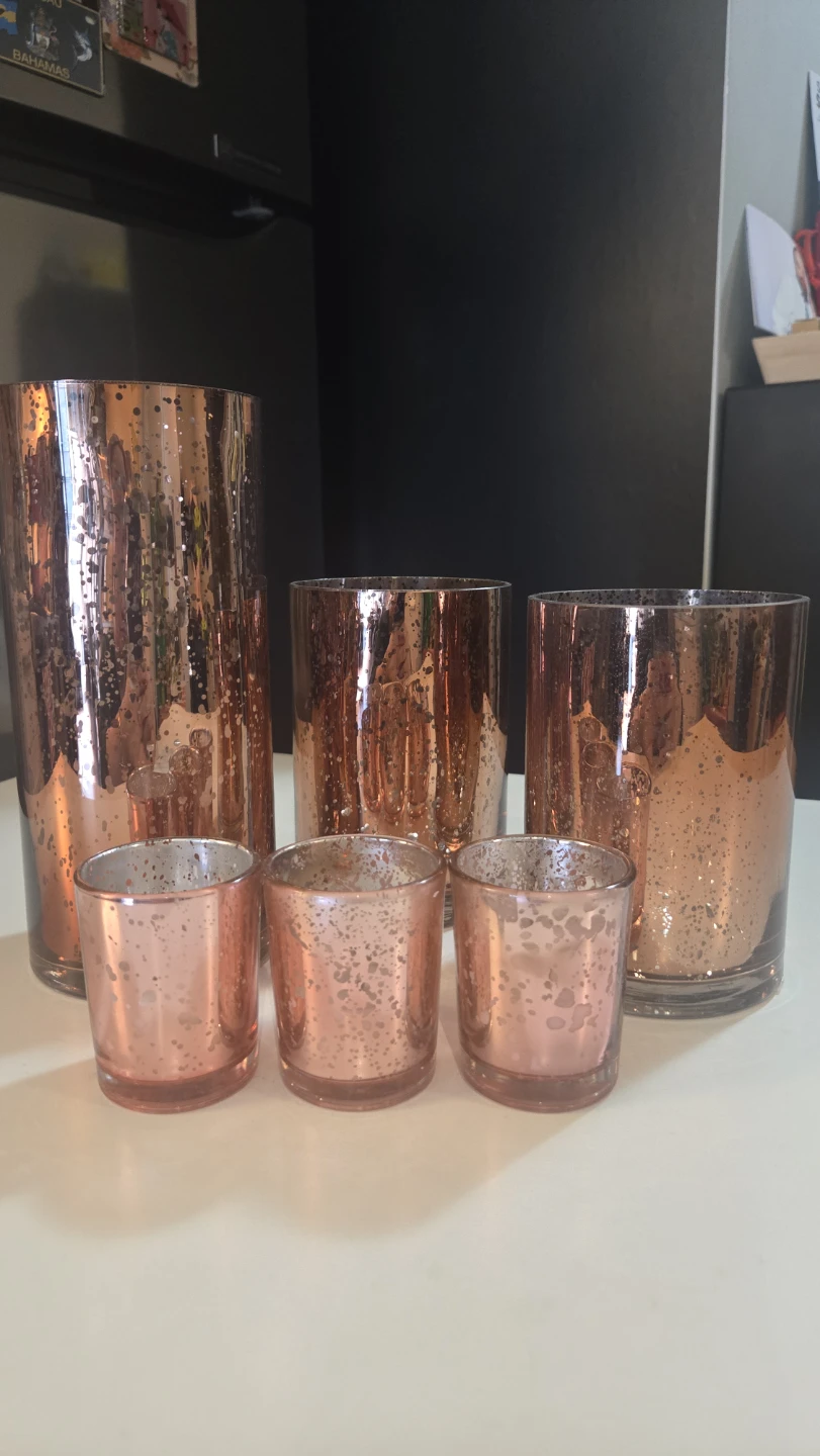 Set of 6 Rose Gold Mercury Glass Candle Holders Vases