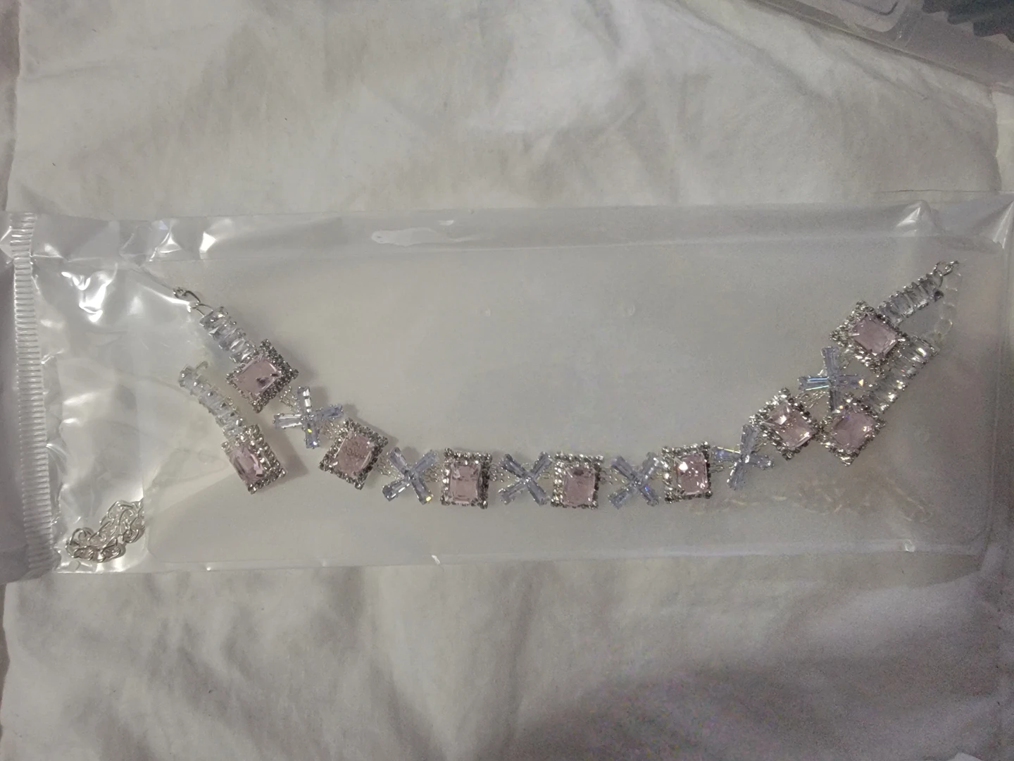 Pink Crystal Choker Necklace with Matching Earrings Set