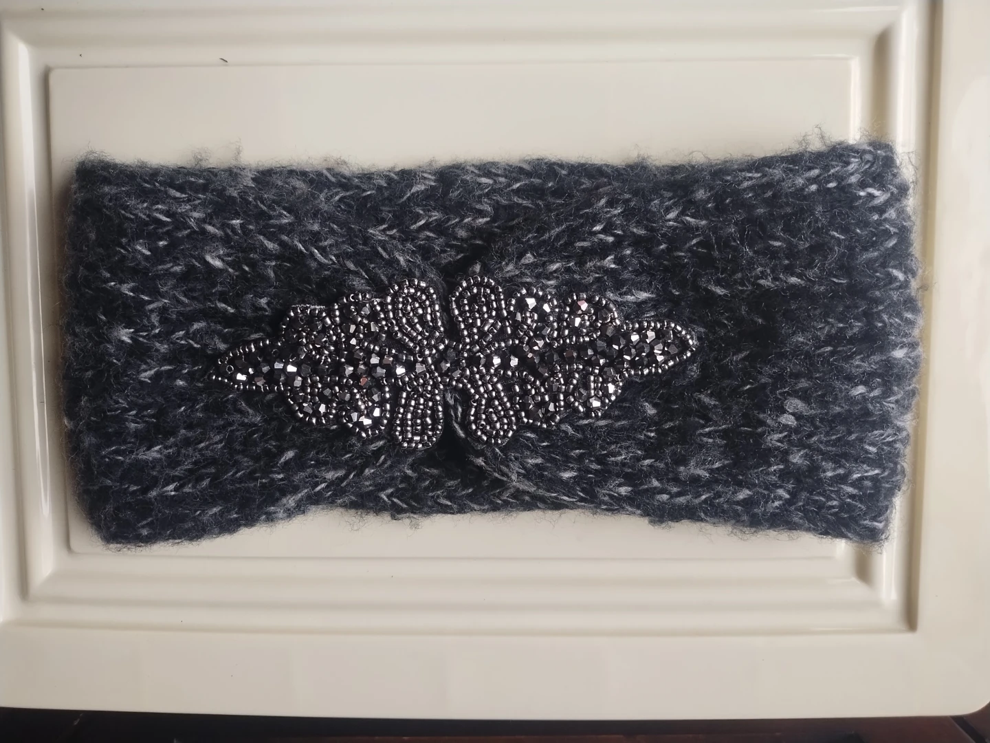 Knitted Headband with Beaded Embellishment - Grey