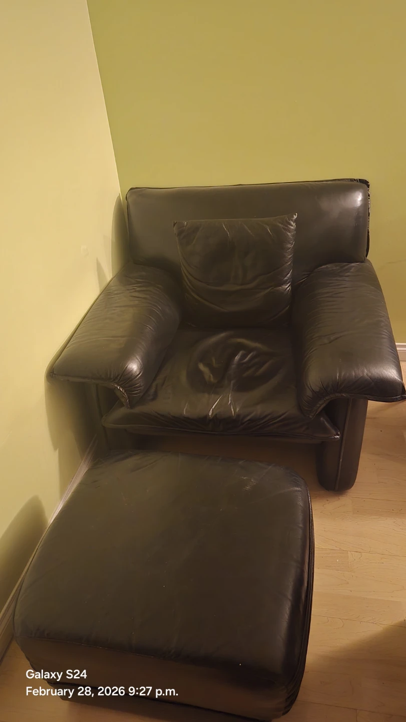 Black Leather Armchair with Ottoman