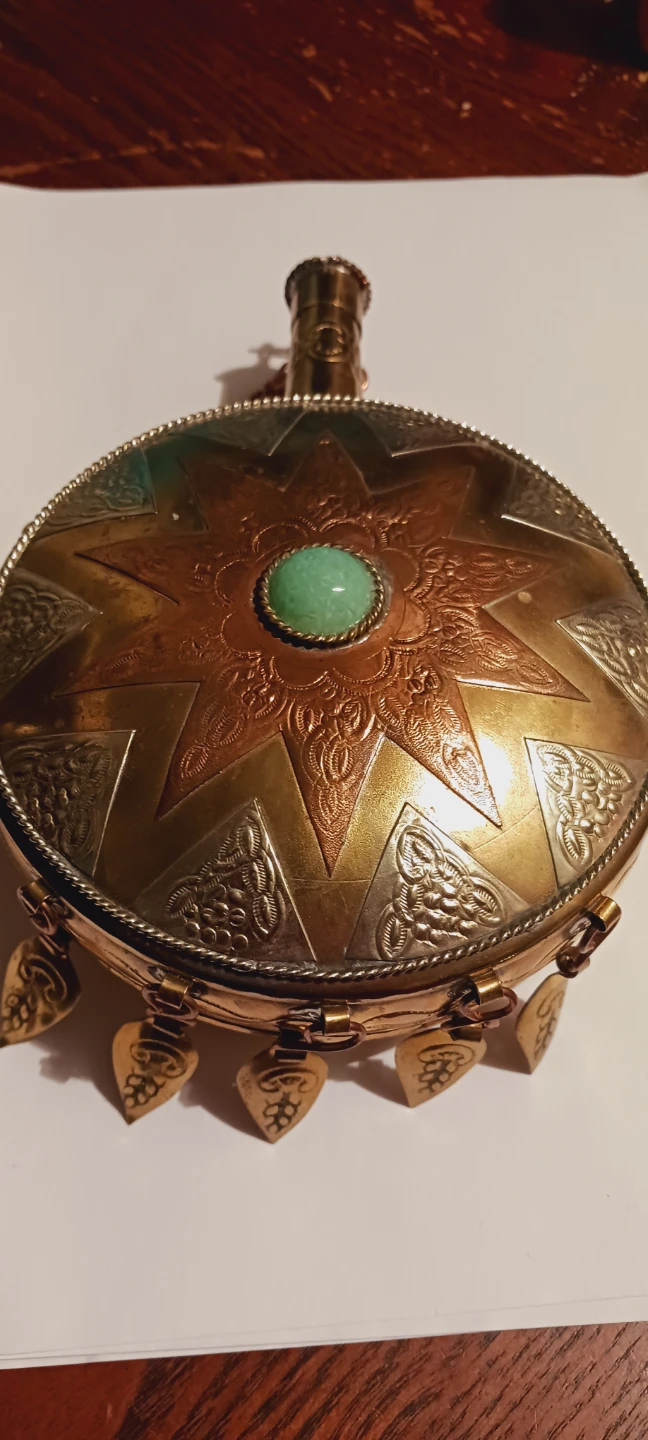 Ornate Vintage Morrocan Metal Flask with Gemstone Accent - photo 3