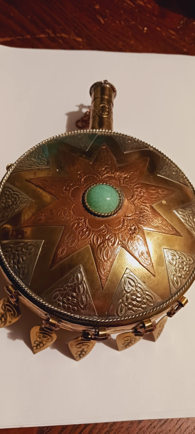 Ornate Vintage Morrocan Metal Flask with Gemstone Accent - photo 4