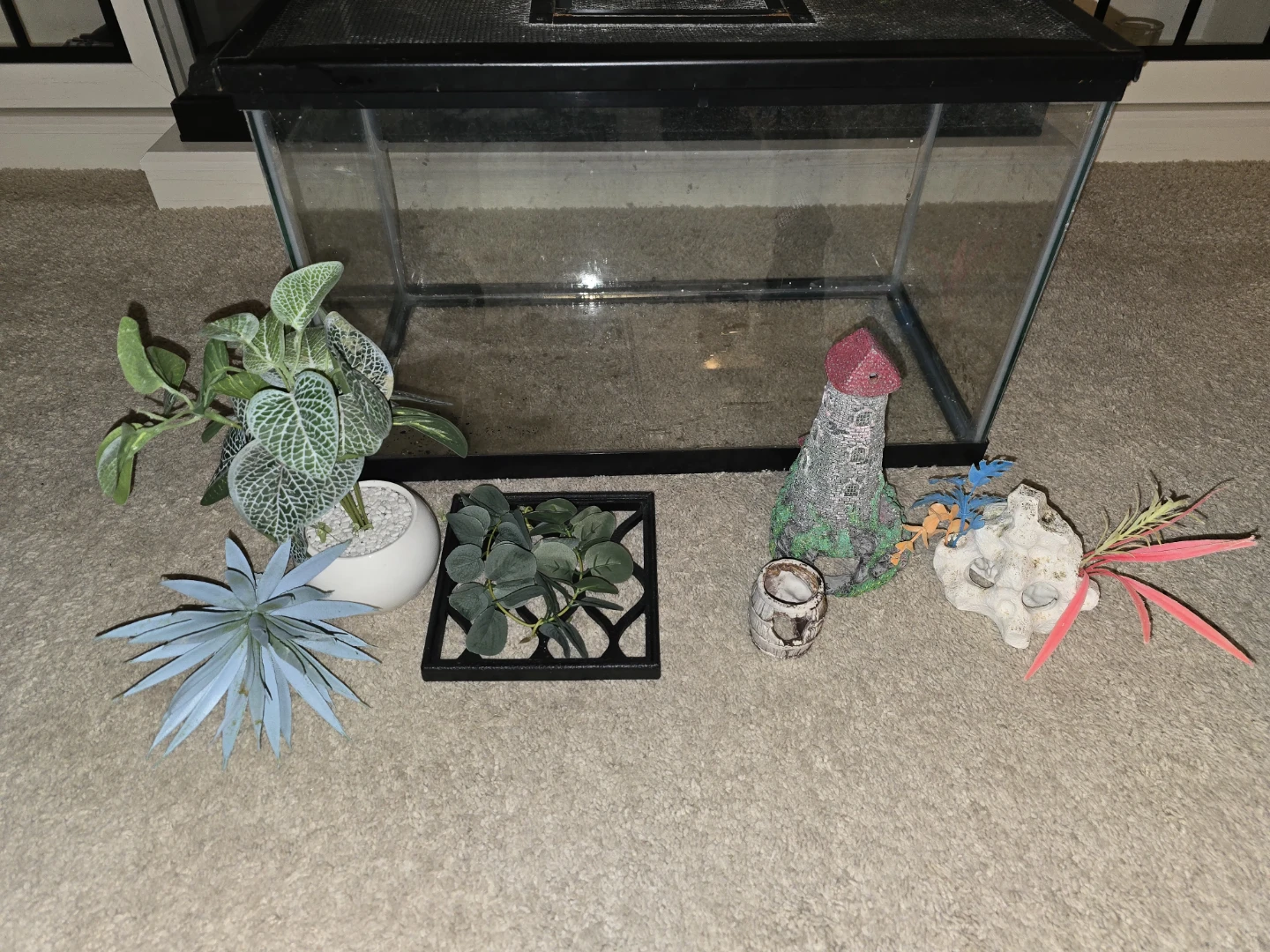 Aquarium Tank with Decor and Various Substrates.