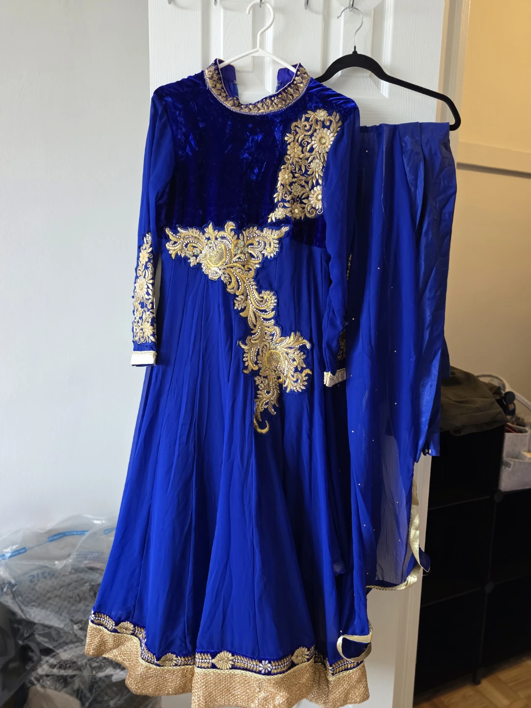 Blue Velvet Kurti with Gold Embroidery