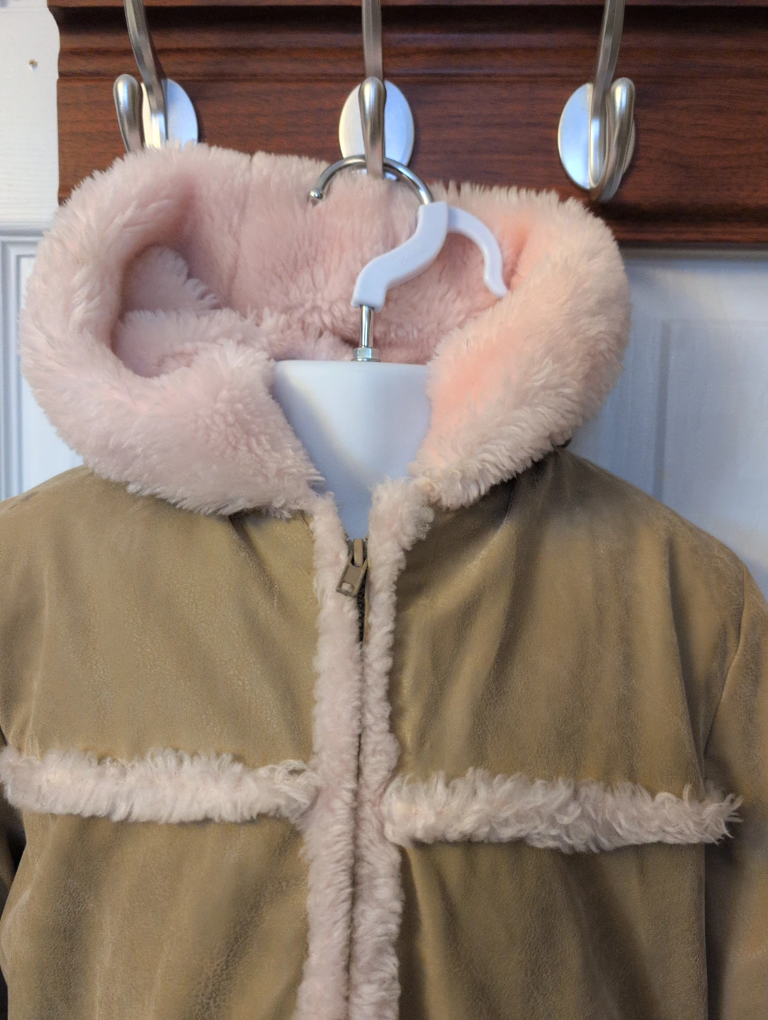 Children's Tan & Pink Faux Suede Sherpa Lined Hooded Jacket - photo 3