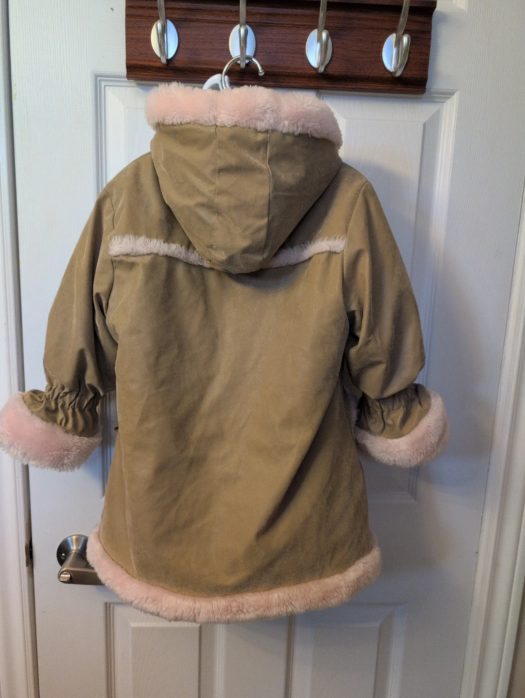 Children's Tan & Pink Faux Suede Sherpa Lined Hooded Jacket - photo 4
