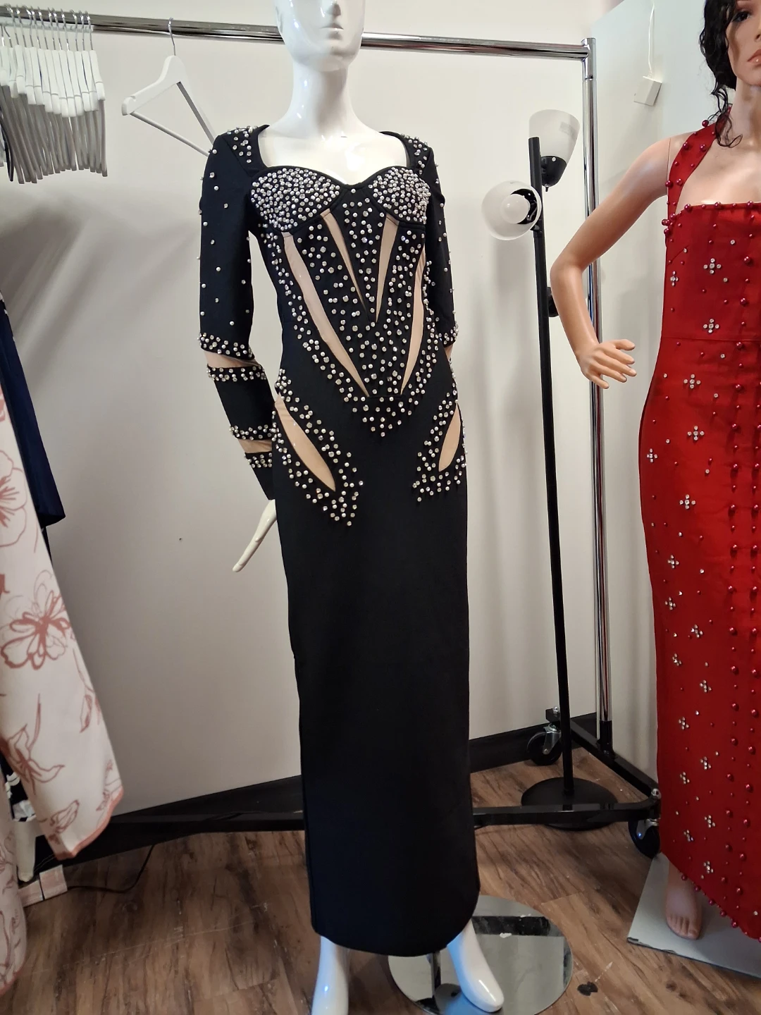 Black Beaded Long Sleeve Gown